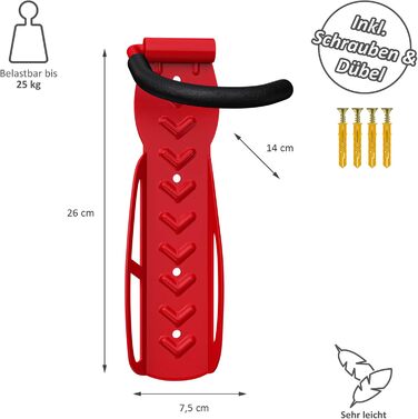 WELLGRO Тримач для велосипеда на стіну - сталевий кронштейн, гачок, стійка - колір на вибір (червоний)