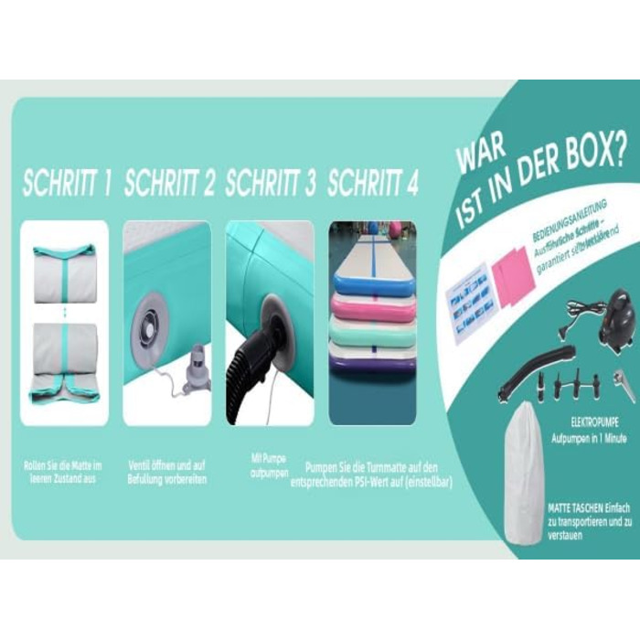 Air Track 6м для гімнастики та йоги з електричним насосом, килимок для тренувань 600x100x10см, зелений, водовідштовхувальний