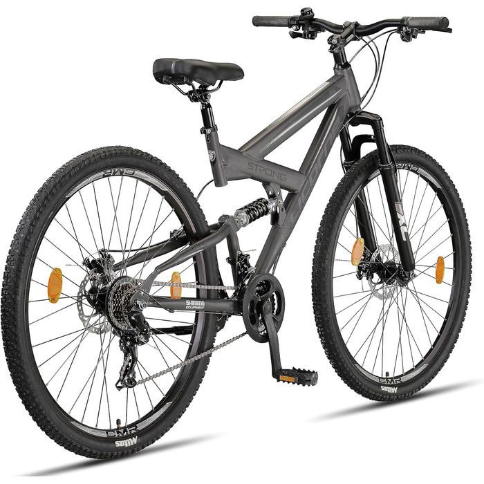 Гірський велосипед Licorne Bike Strong 2D Premium 29 дюймів, дискові гальма, 21 швидкість, повна амортизація, антрацит, для хлопців, дівчат, жінок і чоловіків