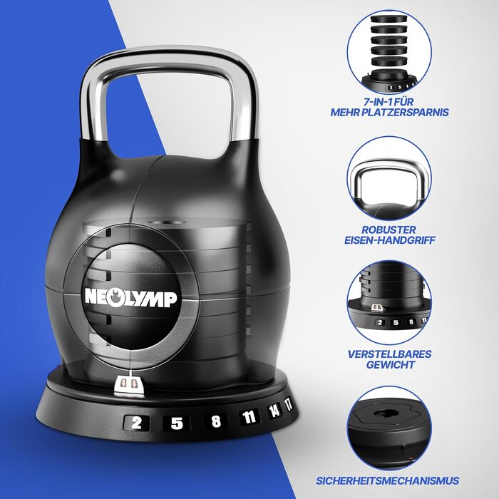 Набір гирь NEOLYMP 2-20 кг (7-в-1) регульовані для тренувань вдома - чавунні гирі з міцною нержавіючою ручкою для ефективних махів