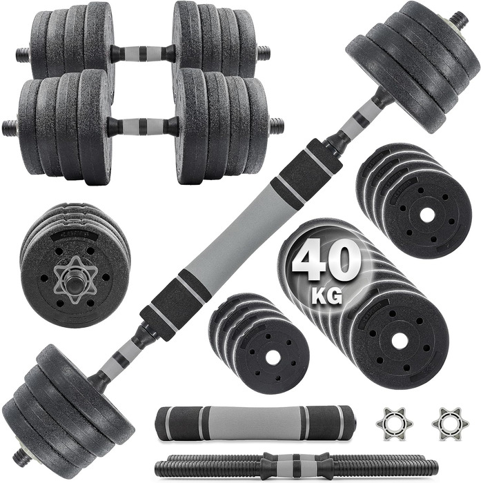 C.P.Sports набір гантелей 2-в-1 30/40 кг, регульовані коротка і довга штанга для силових тренувань та фітнесу, диски-обважнювачі, домашній спортзал
