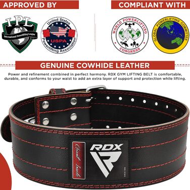 Шкіряний пояс для важкої атлетики RDX 4” з пряжкою, сертифікований IPL та USPA, 12 регулювань, 6 мм, для пауерліфтингу, бодібілдингу, чоловіків і жінок