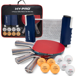 Набір для настільного тенісу Hy-Pro – портативний, з висувною сіткою (до 170 см), 4 ракетки, 8 м'ячів, сумка, м'ячі 3 зірки, для дітей та дорослих, для гри в приміщенні та на вулиці