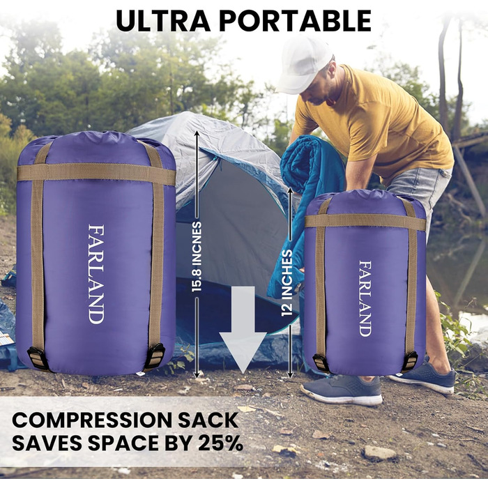 Сплячі мішки FARLAND для дорослих, підлітків та дітей, до 6.7°C, 3-4 сезони, водонепроникні, з компресійним мішком, для кемпінгу, трекінгу та подорожей, фіолетовий (R-Zip), розмір Medium (87'x29.5')