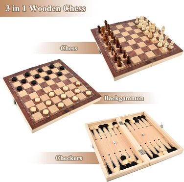 Шаховий набір дерев'яний 3 в 1, 29x29 см: шахи, шашки, шашки-кірпічі. Складаний, портативний, для подорожей, сім'ї, вечірок. Преміум якість.