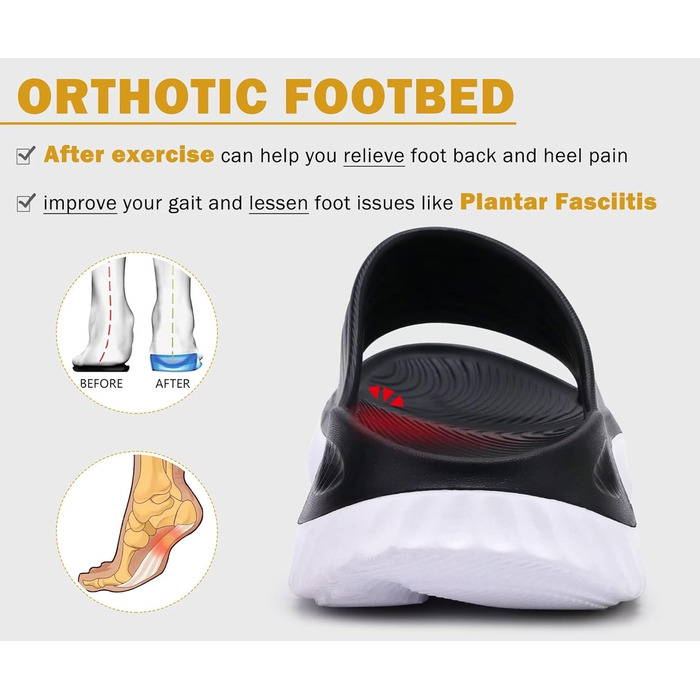 Ортопедичні відновлювальні сандалії KuaiLu для жінок, легкі спортивні шльопанці при плантарному фасциїті, розвантаження суглобів та спини, розмір 43 EU, чорно-білі