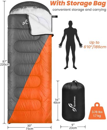 Сплячий мішок Outdoor Sportneer для кемпінгу: 3-4 сезонний літній спальний мішок, зимовий, компактний, легкий, для дорослих, 220x75 см, оранжево-сірий