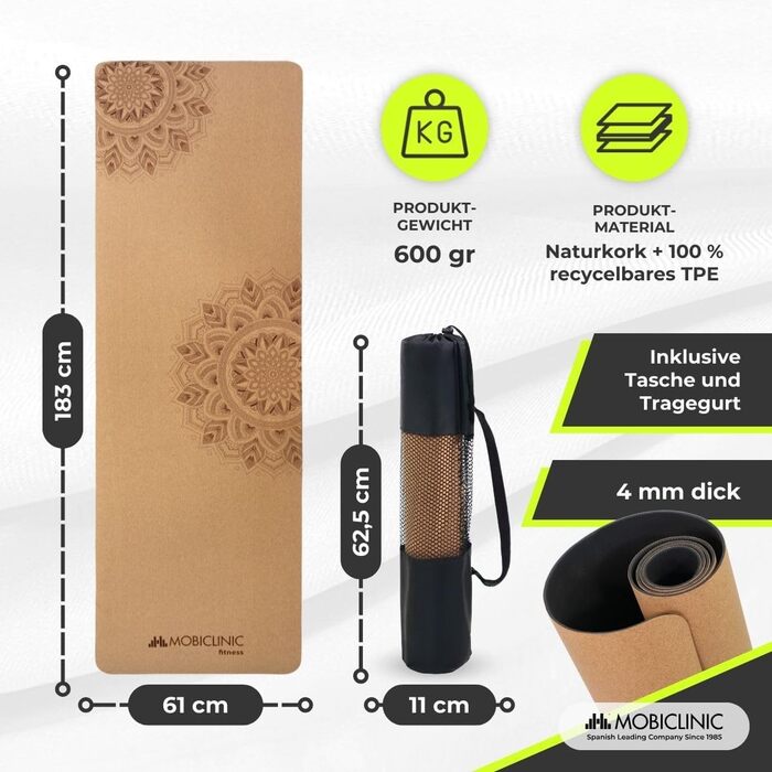 Йога мат Mobiclinic® з натуральної корку, 183x61 см, антиковзка, з мішком, екологічна, 4 мм, дизайн Мандала, для йоги, пілатесу, фітнесу