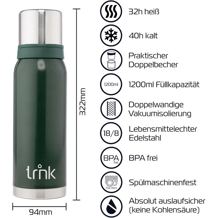 Термос trnk Outdoor Arktis 2, нержавійка, 1200 мл, BPA-free, 32 год тепла, кришка з 2 чашками, можна мити в посудомийці
