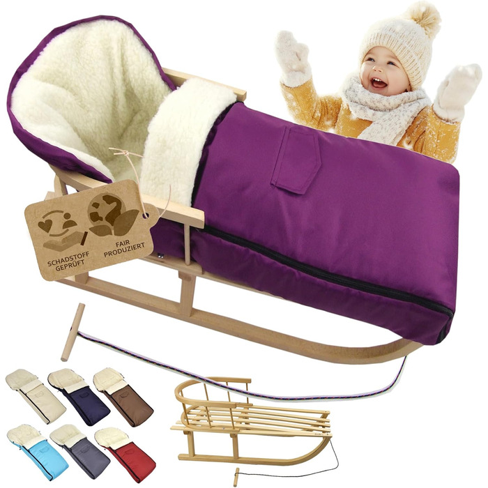 Дерев'яні санчата BambiniWelt з підніжкою та буксирувальним тросом + зимовий чохол для ніг 108 см – тепла вовна, водовідштовхувальний матеріал – комбінований набір для дитячої коляски та візка (вишня)