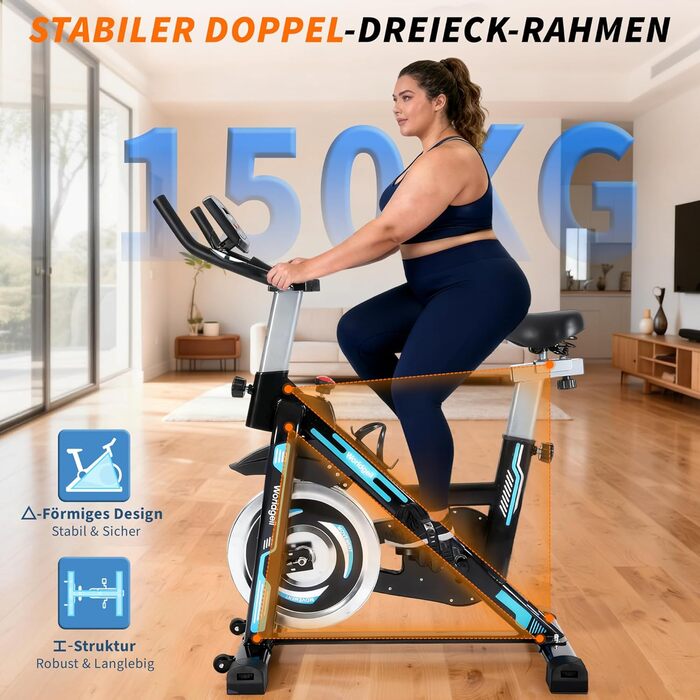 Велотренажер з магнітним опором - велотренажер з регульованим опором, тихий спінінг, висота регулюється, LCD-монітор, тримач для планшета, блакитний, великий