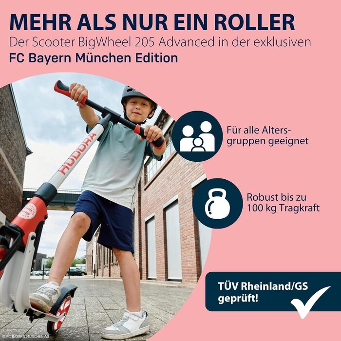 Самокат HUDORA BigWheel 205 Advanced FC Bayern München, алюмінієвий, до 100 кг, складаний, для дітей, підлітків і дорослих