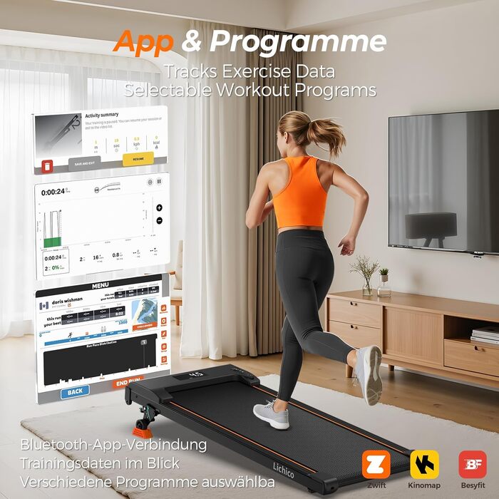 Бігова доріжка Lichico Walking Pad з регульованим нахилом 0-9%, розумним керуванням через додаток та дистанційним пультом, максимальне навантаження 130 кг, для дому