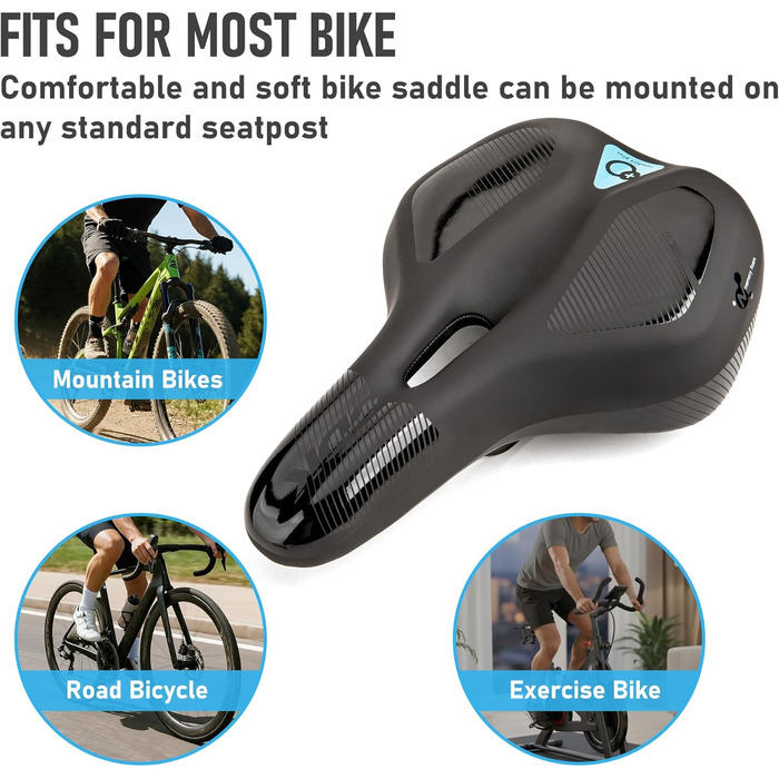 Велосипедне сідло DDK Comfort Plus – з піною Memory, комфортне, зняття тиску та амортизація – зручне, м'яко стьобане сідло для чоловіків та жінок (MTB, шосе, місто)