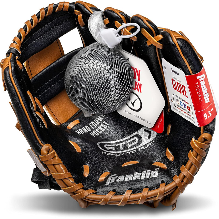 Рукавичка для бейсболу Franklin Sports RTP Kinder Teeball (для дітей, 24.1 см, права рука) + М'яч - Чорно-коричневий