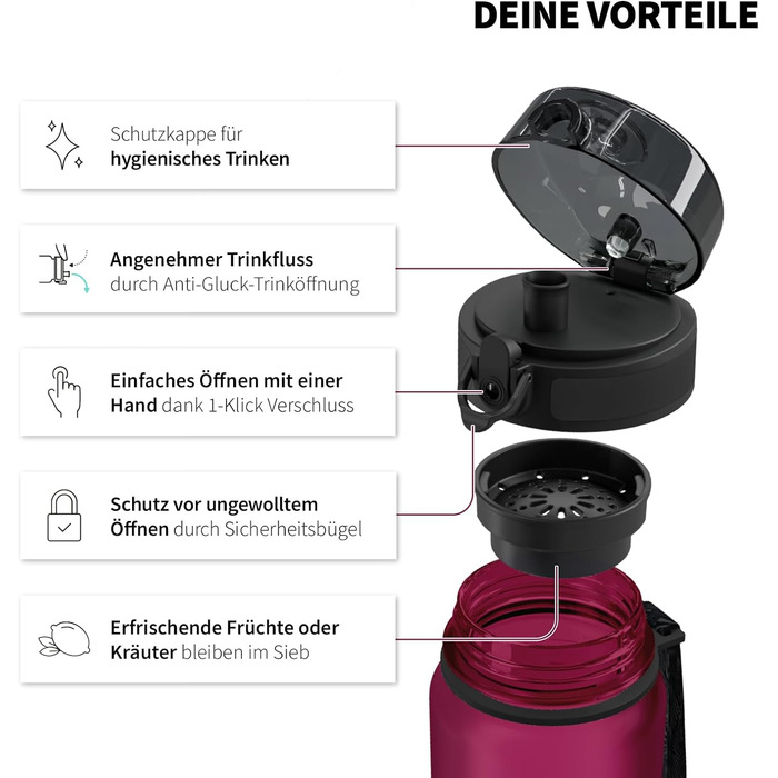 Бутилка для води 1 л 720°DGREE uberBottle з ситечком, трітанова, без BPA, для спорту, фітнесу, велосипеда, університету, червона, Lavish Plum, Softtouch, багаторазова, ударостійка