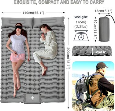 Килимок для кемпінгу YuanDiann 200x140 см на 2 особи, самонадувний, легкий, комфортний, з подушкою та насосом