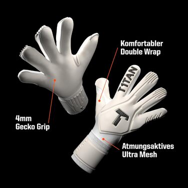 Воротарські рукавички T1TAN Legend White-Out для дорослих та дітей, професійні, з покриттям Gecko Grip 4 мм, Made in Germany, білі