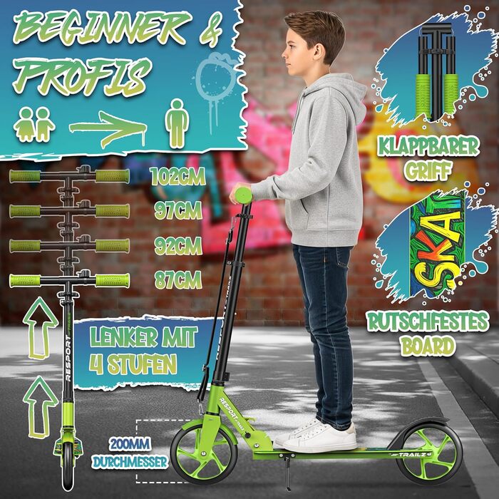 Дитячий та дорослий трюковий самокат Cityroller з дзвіночком та ременем | Регульована висота, складний, до 100 кг | Великі колеса, Kickscooter, Kickroller (Зелений)