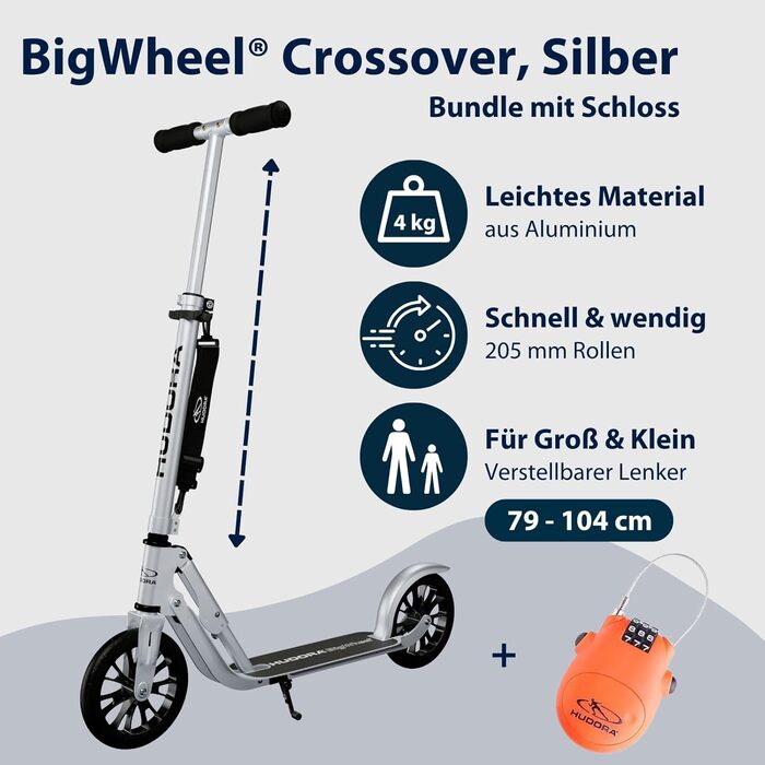 Самокат HUDORA BigWheel 205 алюмінієвий, складаний, для дітей і дорослих, до 100 кг, регульована висота, з/без замка