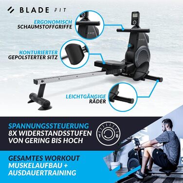 Bluefin Fitness Blade FIT: Гребний тренажер, сумісний з Kinomap, складаний, з LCD-консолью та мобільним додатком