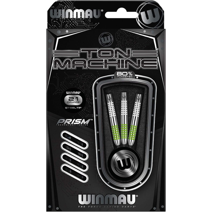 Дротики WINMAU Ton Machine 21 г, професійні, вольфрамові, сталевий наконечник, з оперенням і стрижнями