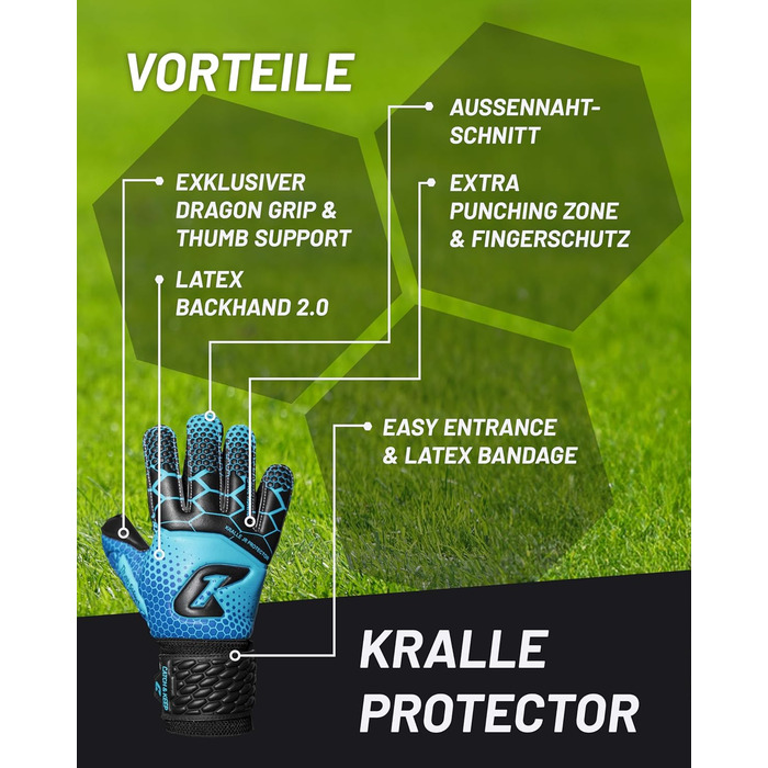 Дитячі воротарські рукавички CATCH & KEEP® Protector із захистом пальців, преміум-якість, сині, розмір 3, посилене зчеплення