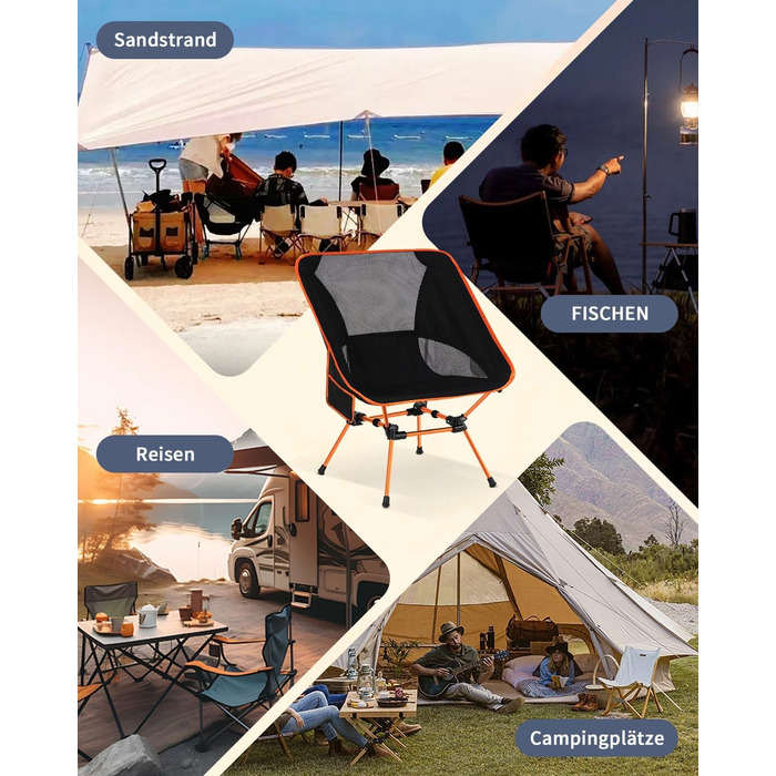 Складний туристичний стілець для кемпінгу з сіткою та кишенями, вантажопідйомність 150 кг, оранжевий