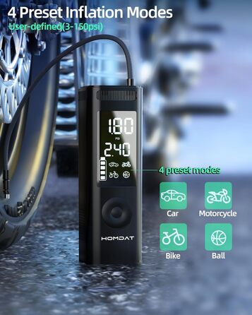 Електричний насос для шин homdat 150PSI, 17800mAh, портативний акумуляторний компресор для автомобільних, велосипедних, мотоциклетних шин та надувних виробів, чорний