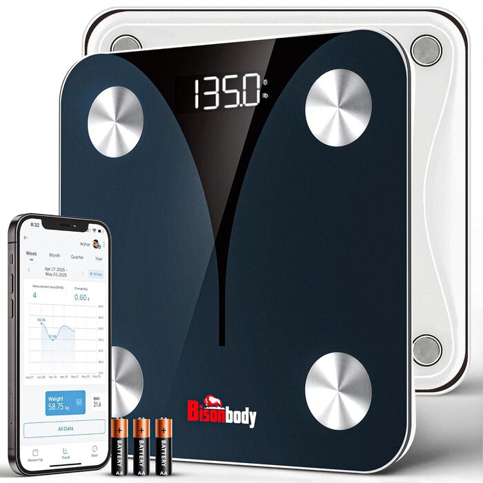 Розумна вага Bisonbody Smart Digitalwaage: аналіз складу тіла, BMI, жир, 8 користувачів, підключення до смартфону