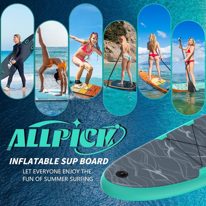 Надувний SUP-борд ALLPICK Premium Set: Комплект для станд-ап паділінгу з аксесуарами, кріпленням для камери та регульованим веслом (200 кг, Сіво-бірюзовий)