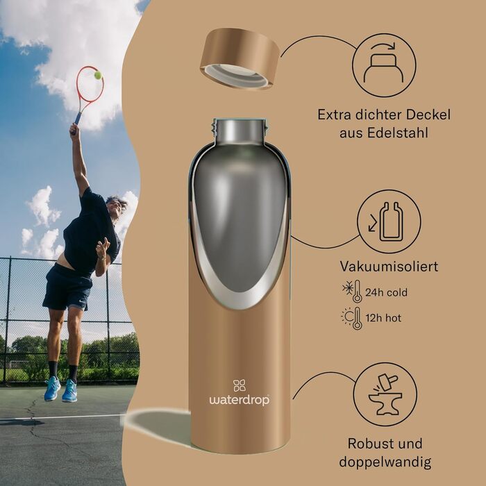 Термобутилка Waterdrop з нержавіючої сталі 600 мл, подвійні стінки, ізольована, герметична, для газованої води, бронза