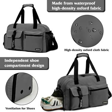 Спортивна сумка для фітнесу та подорожей з відділенням для взуття та вологих речей, водонепроникна сумка-вікендер для залу, плавання та сауни (Сіра)
