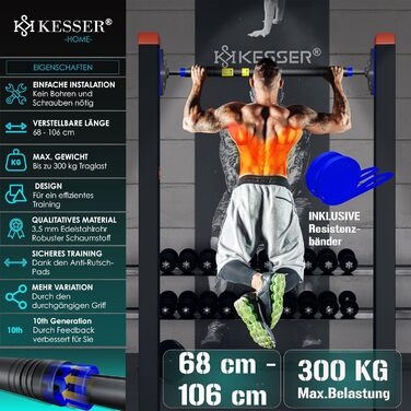 Турнік для дверного отвору KESSER, розсувний, без свердління, 68-106 см, до 300 кг, з нековзкими ручками та еспандерами