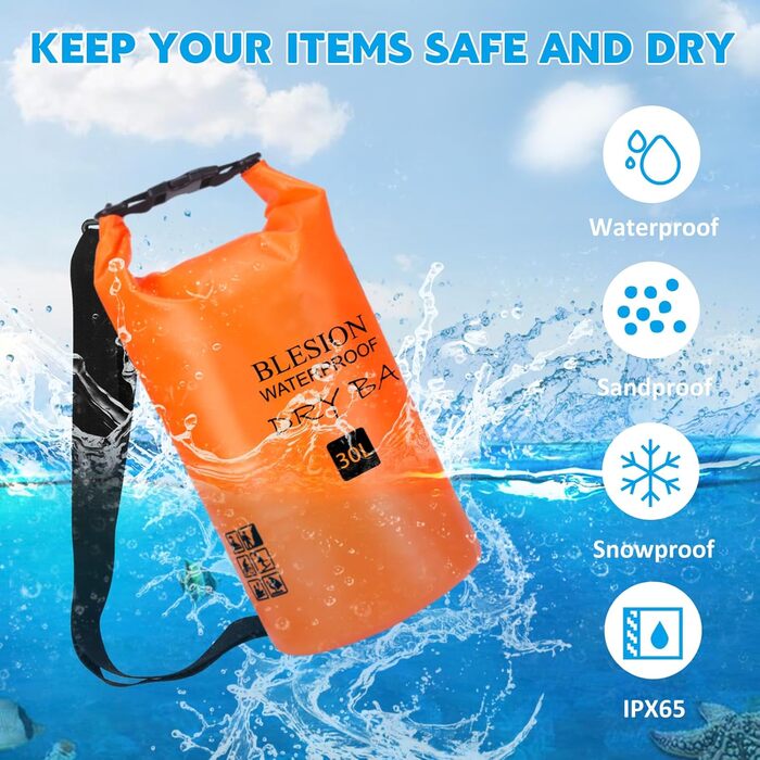 Водонепроникний мішок Dry Bag 5L/15L/20L/30L з регульованим плечовим ременем - рюкзак для каякінгу, риболовлі, плавання, піших прогулянок та подорожей (Оранжевий, 20L)