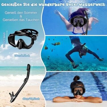 Набір для снорклінгу для дорослих: маска, трубка та ласти. Суха трубка, антизапітніюча маска з загартованого скла. Для плавання, снорклінгу та дайвінгу. Чорний колір