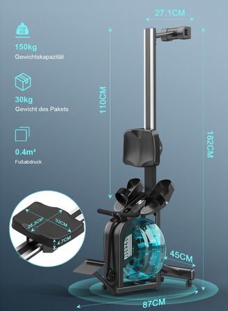 Веслувальний тренажер Neezee для дому, водний, з Bluetooth-монітором і тримачем для планшета, макс. вага 150 кг, вертикальне зберігання, транспортувальні колеса