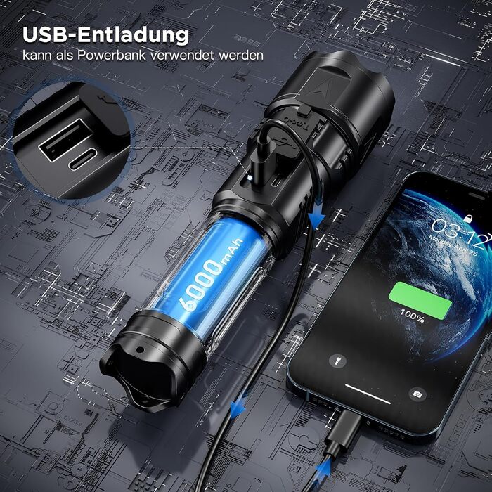Потужний LED ліхтарик Esgofo 1000000 люмен, USB-C, тактичний, велика дальність, багатофункціональний, перезаряджається