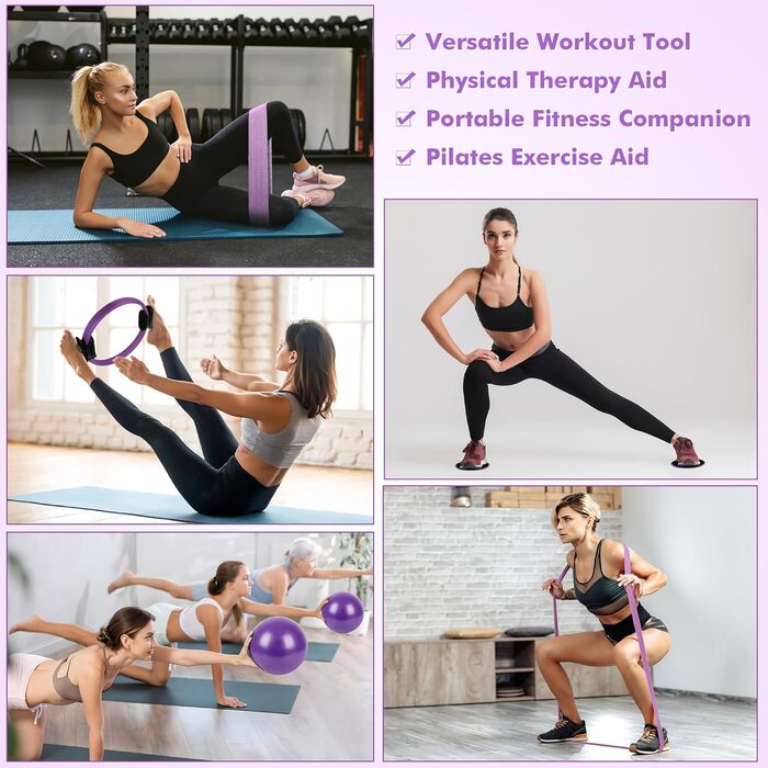 Pilates-кільце Goocrun з гумовими стрічками, м'ячем та слайдерами для фітнесу вдома – фітнес-постер у комплекті (середній рівень, фіолетовий)