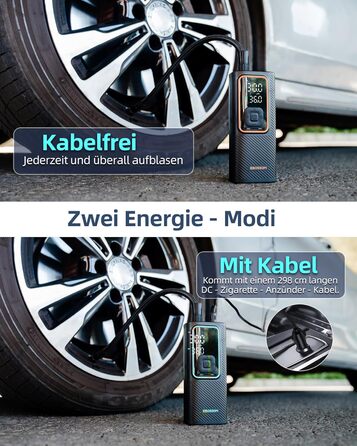 Електрична повітряна помпа 10.3 Bar з акумулятором, 6000mAh та 12V DC, для авто, мото, велосипеда, з LED-ліхтариком та автовимкненням (Оранжева, I7)