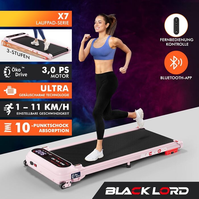 Біговий тренажер BLACK LORD X7 з мотором 3.0PS, Bluetooth, нахил 3 рівні, LED дисплей, пульт керування, рожевий