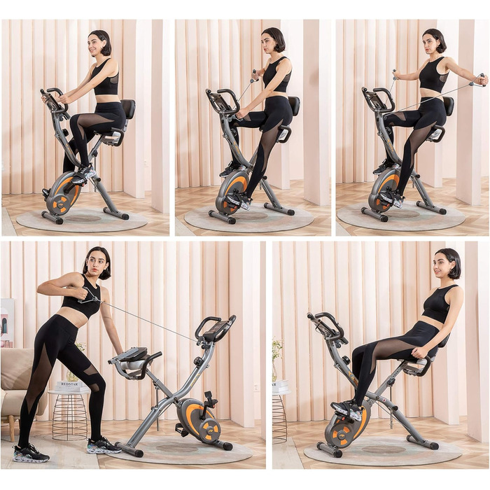 Велотренажер Leike Fitness складаний, домашній, багатофункціональний, з 12 рівнями навантаження, пульсометром, гумовими еспандерами, сірий