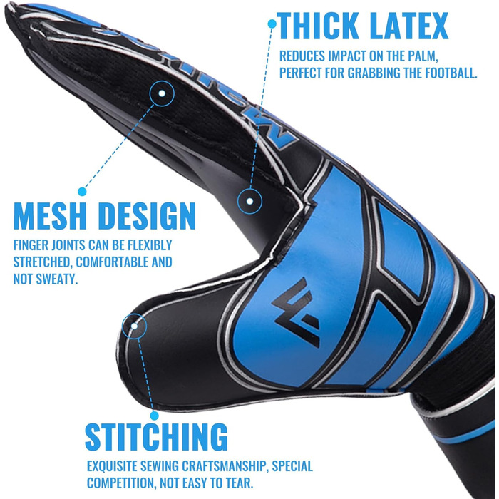 Футбольні воротарські рукавички Malker для дорослих, молоді та дітей з захистом пальців, покращений зчеплення, антиковзаючі, запобігають травмам, чорний/білий (синій/чорний, 5)