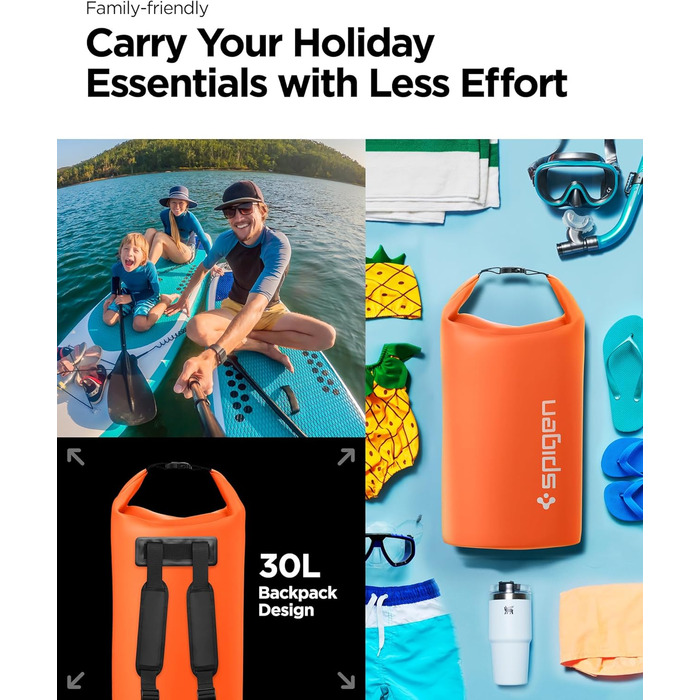 Водонепроникний мішок Spigen Aqua Shield 30L: Сумка, рюкзак для пляжу, плавання, кемпінгу, риболовлі, каякінгу (Sunset Orange)