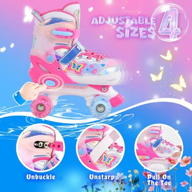 Роликові ковзани SULIFEEL для дівчаток та дітей з підсвічуванням, регульовані, 4 розміри, для малюків та початківців (Червоний, M (32-36))