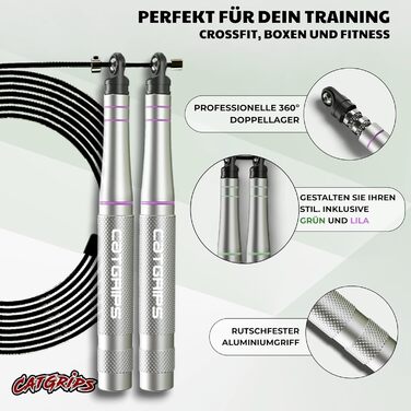 Стрибкове канат Crossfit CATGRIPS Springseil: алюмінієва ручка, сталеве ядро з підшипниками, легке та професійне для занять у спортзалі та боксі, з сумкою та запасними частинами, срібний