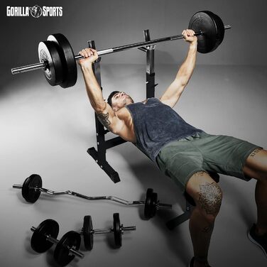 GORILLA SPORTS® Лава для жиму з підставкою, багатофункціональна, регульована висота і кут нахилу, складана, до 200 кг, чорна або біла – тренувальна лава для жиму, фітнесу, пресу
