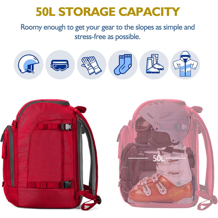 Рюкзак для гірськолижного спорту Unigear 50L/70L з відділенням для шолома (червоний, 50/70 літрів)