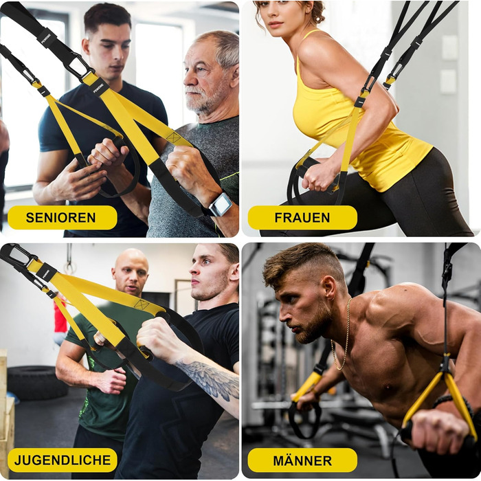 Слінг-тренажер для дому: комплект для тренувань всього тіла з кріпленням до дверей, регульованими ременями, ручками та сумкою – фітнес-обладнання для дому, жовтий