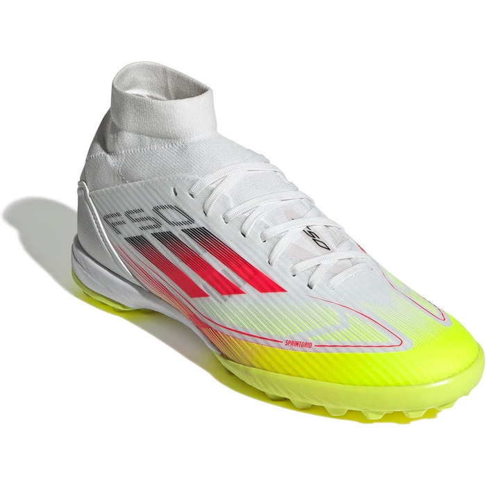 Жіночі футбольні бутси adidas F50 League Mid для гри на траві (46.5 EU, білий/червоний/жовтий)